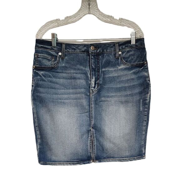 Faded Glory Blue Denim Mini Skirt Front Slit Faded Stretchy Size 12 - Picture 1 of 5